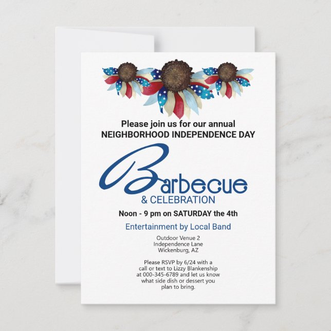 Invitation Barbecue Patriotique Top Bordure Demi-Fleurs (Devant)