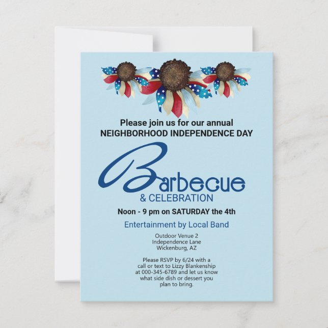 Invitation Barbecue Patriotique Top Bordure Demi-Fleurs (Devant)