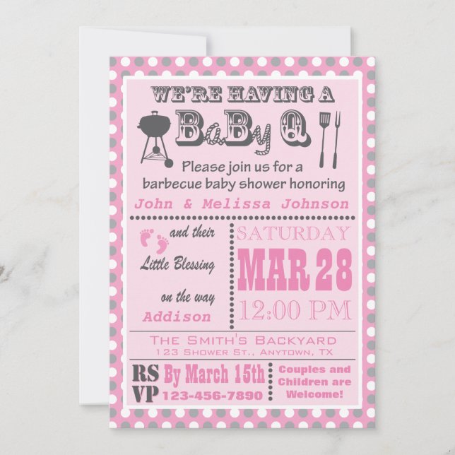 Invitation Barbecue rose BaByQ Baby shower Polka Point (Devant)