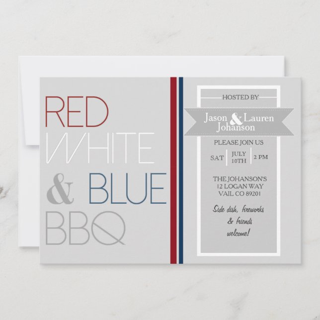 Invitation Barbecue rouge moderne blanc et bleu | 4 JUILLET (Devant)