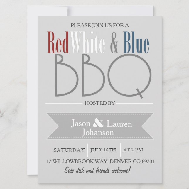 Invitation Barbecue rouge moderne blanc et bleu | 4 JUILLET (Devant)
