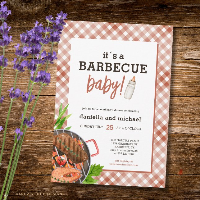 Invitation Barbecue Rustique Brun Baby Shower (The front and back of the invitation are shown at a 5x7 inch. Choose size, paper, + corner style.)