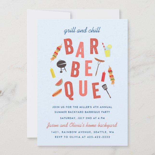 Invitation Barbeque de fête du Bar Chill and Grill Bleu (Devant)