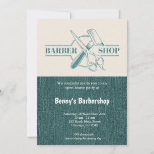 Invitation Barbershop blue jeans texture ouvert jour
