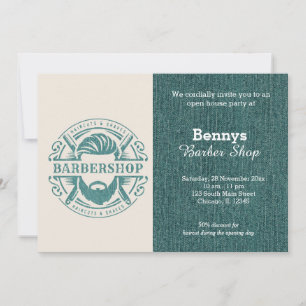 Invitation Barbershop blue jeans texture ouvert jour