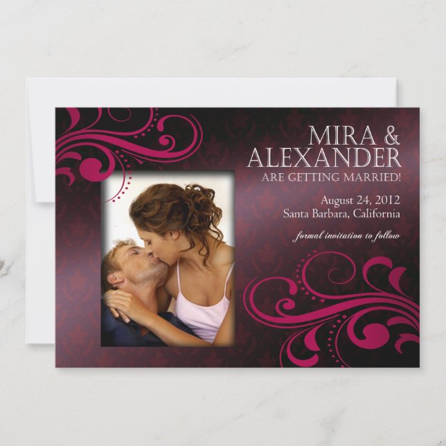 Invitation Barbizon Damask Scroll - aubergine|magenta Mariage (Devant)