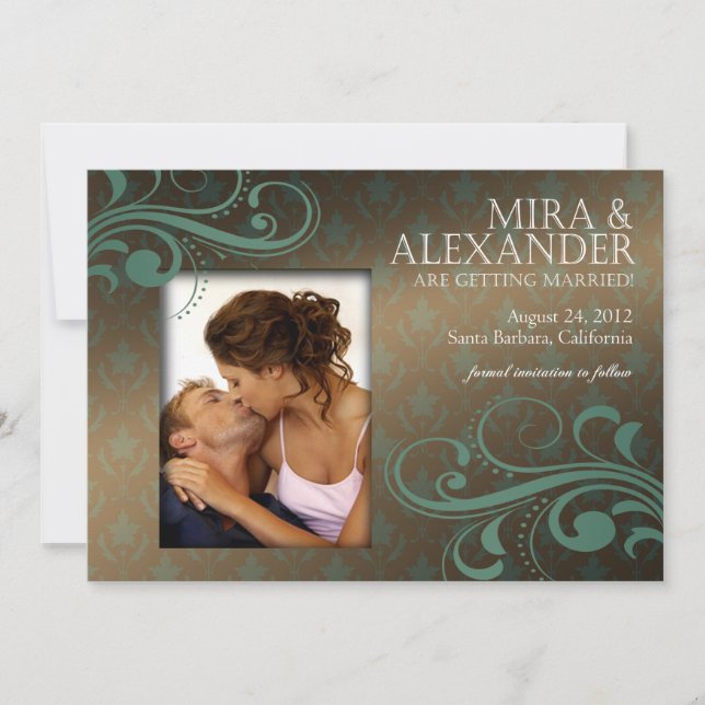 Invitation Barbizon Damask Scroll - marron|turquoise Mariage (Devant)