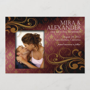Invitation Barbizon Damask Scroll - rose foncé or Mariage