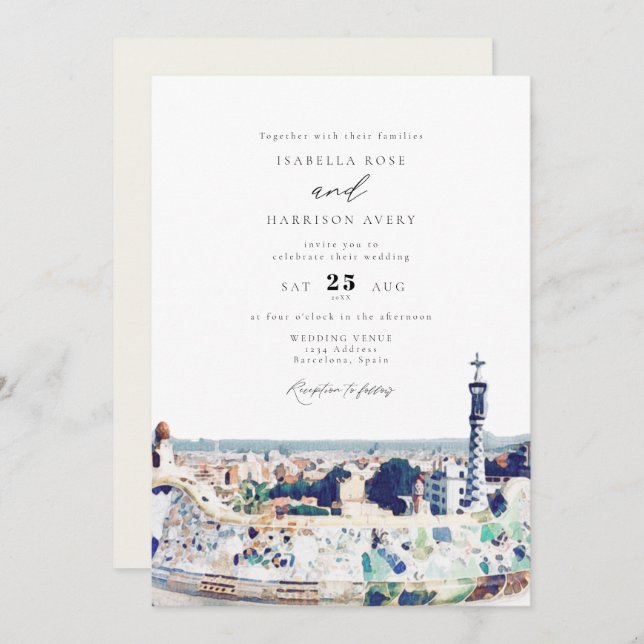 Invitation BARCELONA Espagne Skyline Destination Mariage de v (Devant / Derrière)
