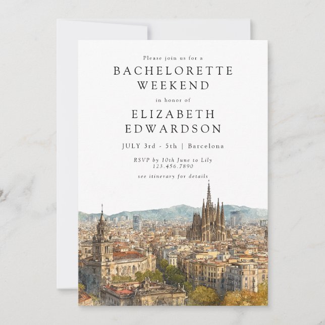 Invitation Barcelona Skyline Watercolor Bachelorette Weekend (Devant)