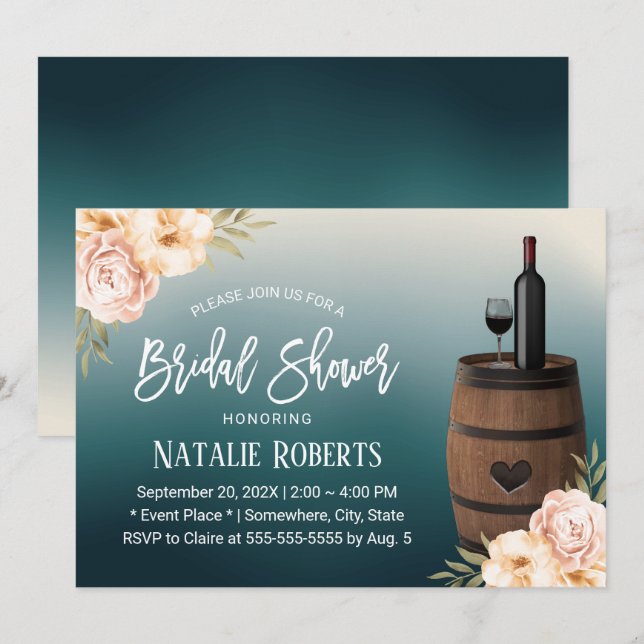 Invitation Baril à vin floral Turquoise Ombre Fête des mariée (Devant / Derrière)