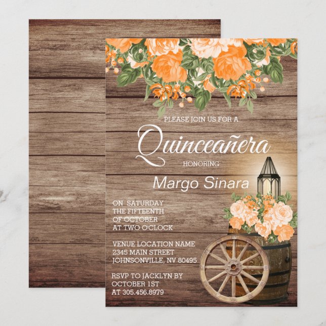 Invitation Baril de bois Quinceañera et fleurs orange (Devant / Derrière)