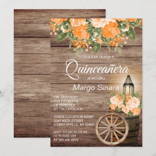 Invitation Baril de bois Quinceañera et fleurs orange
