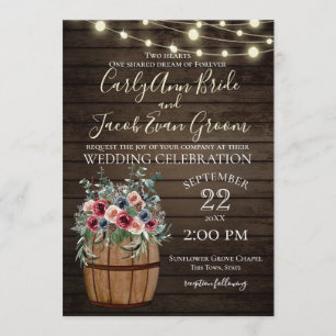 Invitation Baril de vin et Rose Rustique Bourgogne et Bleu