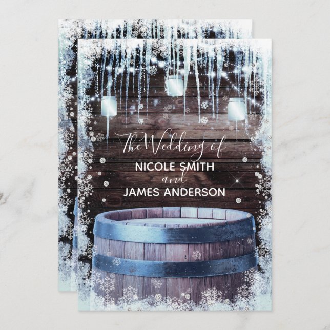Invitation Baril en bois rustique et lumières Mariage de gran (Devant / Derrière)