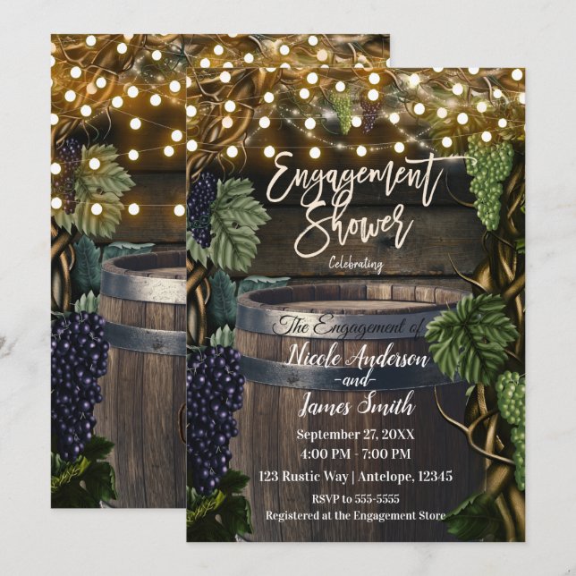 Invitation Baril en Bois Rustique Vignes de Raisin Engagement (Devant / Derrière)
