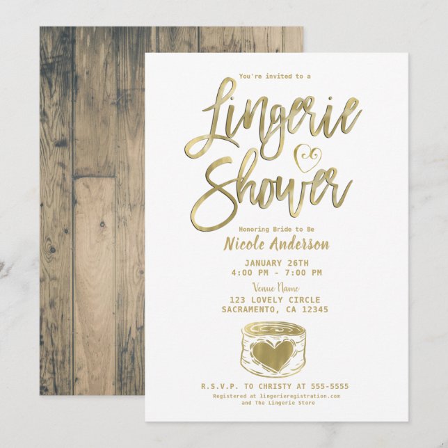 Invitation Barn Rustique Bois Glam Or Lingerie Douche Invita (Devant / Derrière)