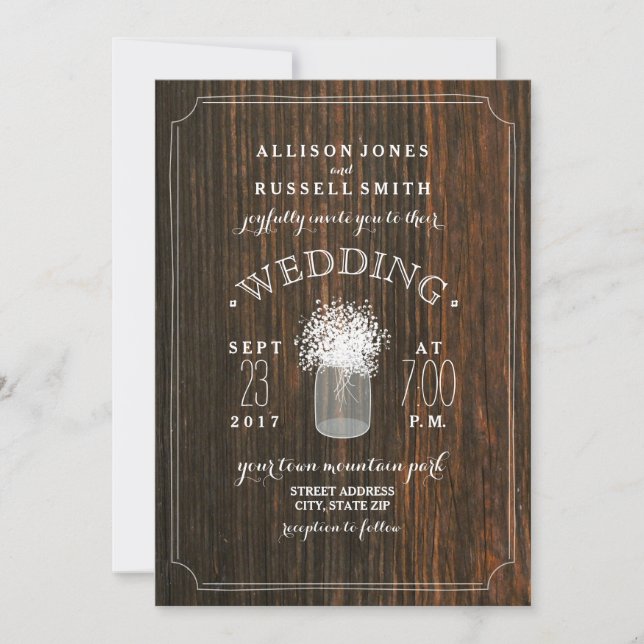 Invitation Barn Wood & Baby's Breath Mason Jar Mariage (Devant)
