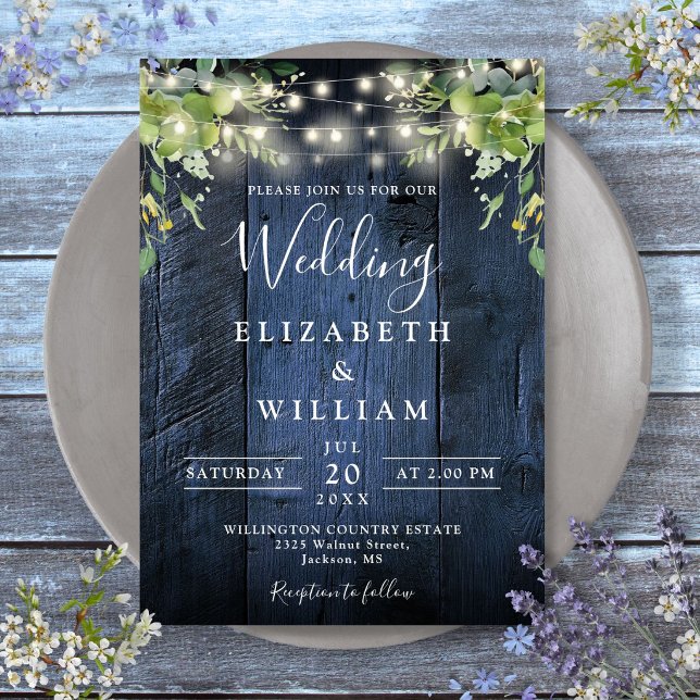 Invitation Barne Bleue Bois Chaîne Lumières Verdure Mariage (Blue Barn Wood String Lights Greenery Wedding Invitation)