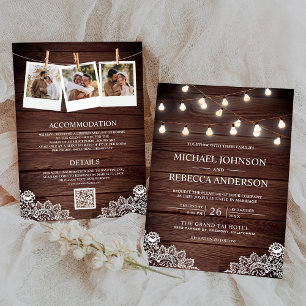 Invitation Barne Bois dentelle lumières Photo QR Code Mariage