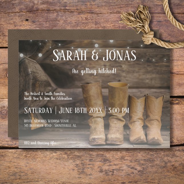 Invitation Barne & Bottes Rustique Cowboy Mariage de l'Ouest (Barn Rustic Boots for Two Cowboy Wedding Invitation)