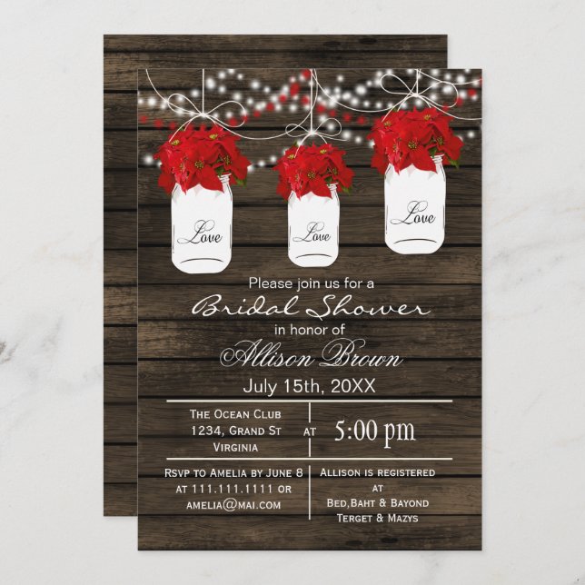 Invitation Barne en bois poinsettias mason jar nuptiale (Devant / Derrière)