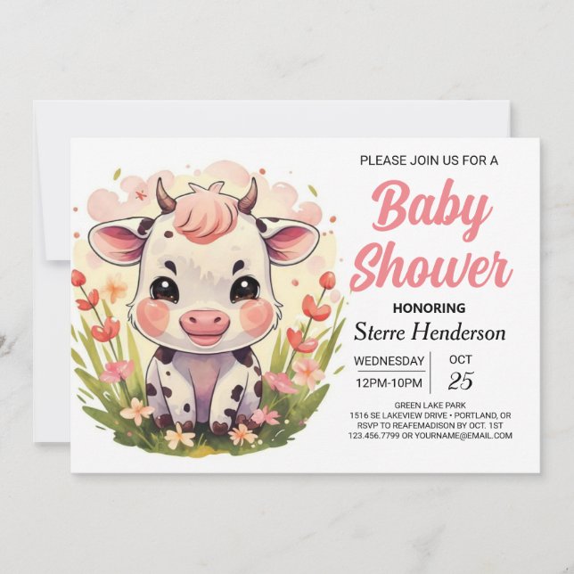 Invitation Barne Printable Baby shower de vache Pastel (Devant)