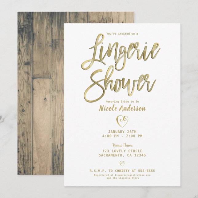 Invitation Barne Rustique Bois Or moderne Lingerie Douche (Devant / Derrière)