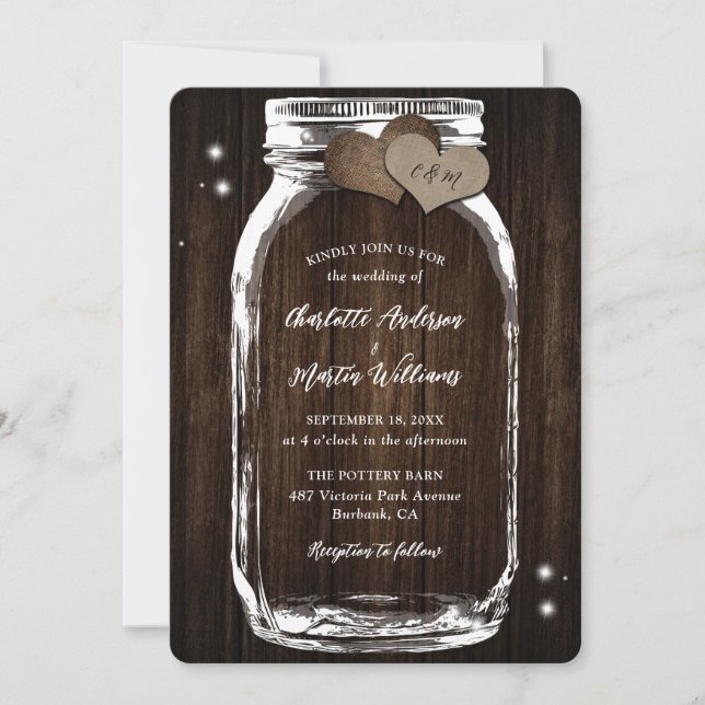 Invitation Barne Wood Mason Jar Mariage campagnard rustique (Devant)