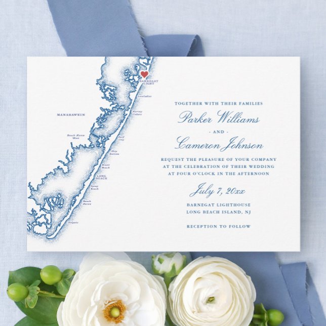 Invitation Barnegat Light NJ Map Elegant Navy Blue Wedding (Barnegat Light NJ Map Long Beach Island Wedding Invitation in elegant navy blue, Coastal Map Designs)