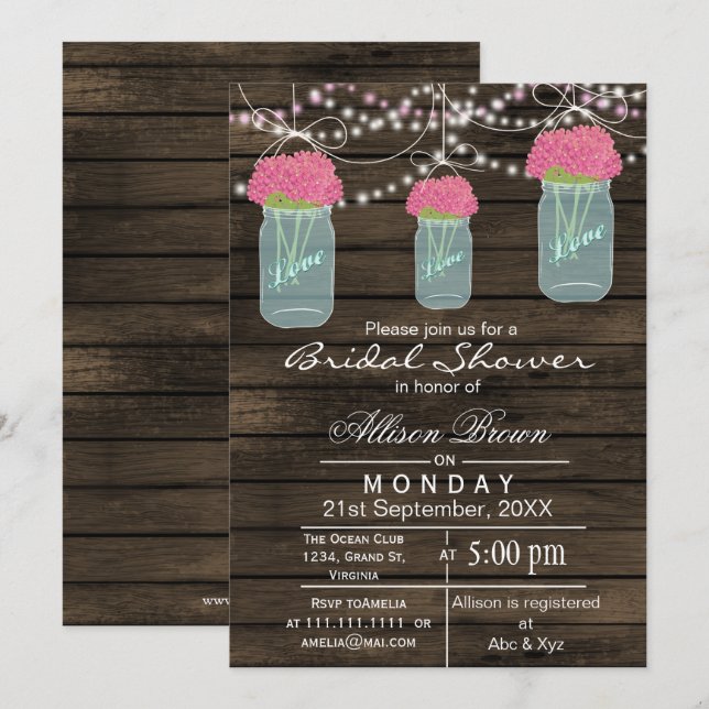 Invitation Barnwood bleu mason jarre rustique nuptiale (Devant / Derrière)
