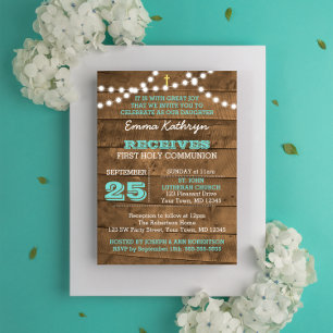 Invitation Barnwood Lights Turquoise First Communion Invitati