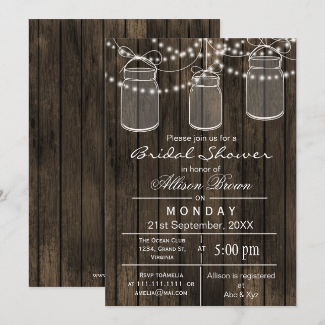 Invitation Barnwood mason jarre rustique nuptiale douche (Devant / Derrière)