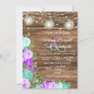 Invitation Barnwood, Mason Jars et Turquoise, Floral violet