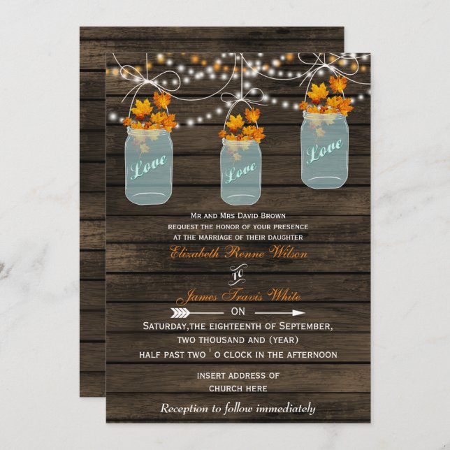 Invitation Barnwood, Rustique mariage de automne de bocal de  (Devant / Derrière)