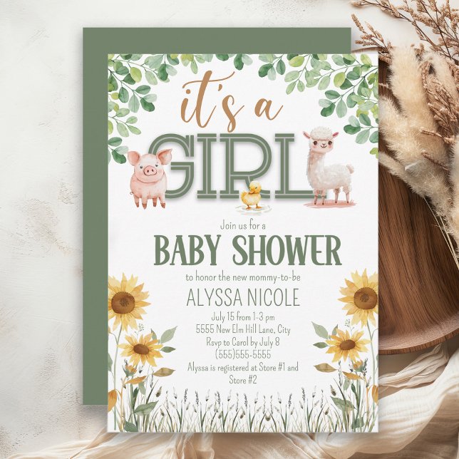 Invitation Barnyard Animaux Baby Girl Baby shower (Baby girl farm animal baby shower invitation)