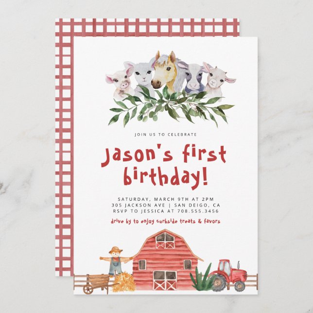 Invitation Barnyard Animaux de ferme Anniversaire Parade Aqua (Devant / Derrière)