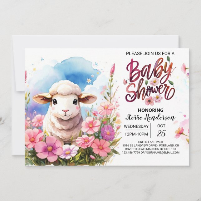 Invitation Barnyard Beauté Agneau rose Baby shower fille (Devant)