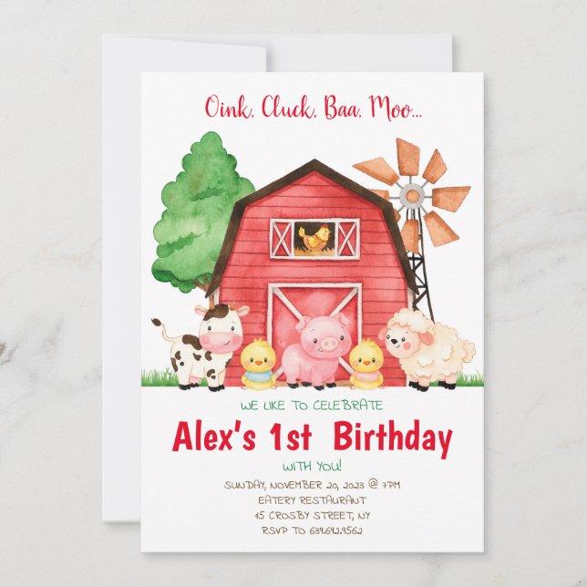 Invitation Barnyard Birthday Bash Watercolor Country Farm (Devant)