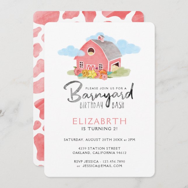 Invitation Barnyard Birthday Bash Watercolor Country Farm (Devant / Derrière)