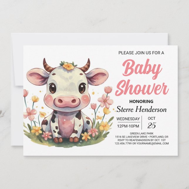 Invitation Barnyard Elegant Baby shower de vache rose (Devant)