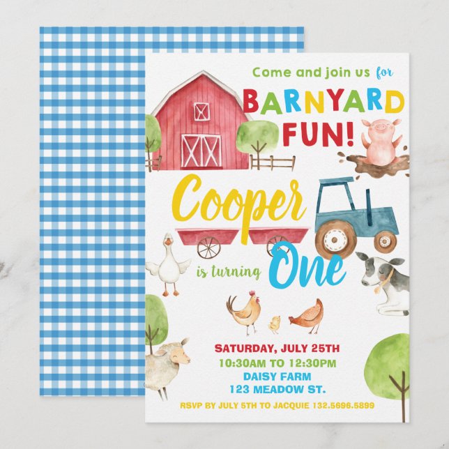 Invitation Barnyard Fun 1er Anniversaire Fête Animaux de ferm (Devant / Derrière)