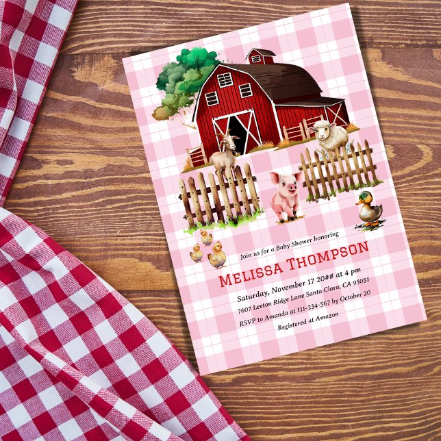 Invitation Barnyard Pink Plaid Farm Animaux Baby shower Girl (Créateur téléchargé)