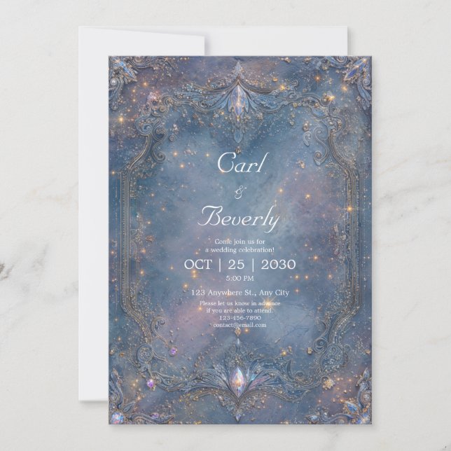 Invitation Baroque Céleste Bleu Or Pierre Précieuse Mariage (Devant)