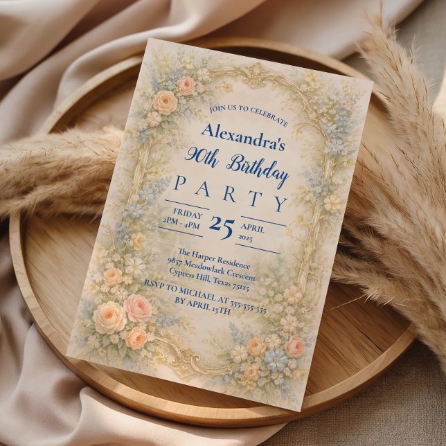 Invitation Baroque Floral Pastel Douce pour 90e Anniversaire (Créateur téléchargé)