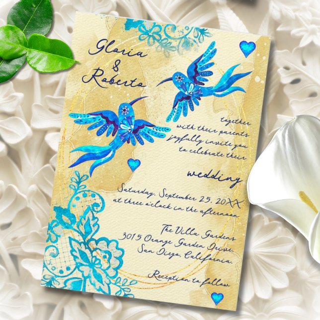 Invitation Baroque Oiseaux-Mouches Bleus Mariage Mexicain Vin (Créateur téléchargé)