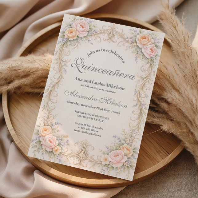 Invitation Baroque Quinceañera Rose Pêche Rosée (Créateur téléchargé)