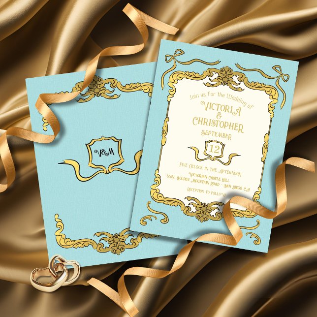 Invitation Baroque Regency Faux Gold Blue Bow Mariage (Créateur téléchargé)