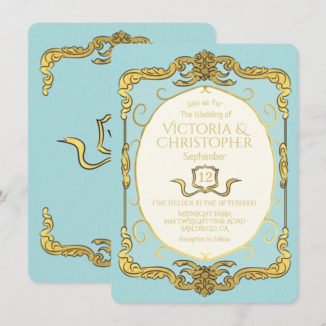 Invitation Baroque Regency Faux Gold Blue Mariage (Devant / Derrière)