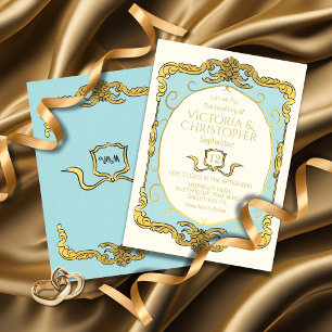 Invitation Baroque Regency Faux Gold Blue Mariage